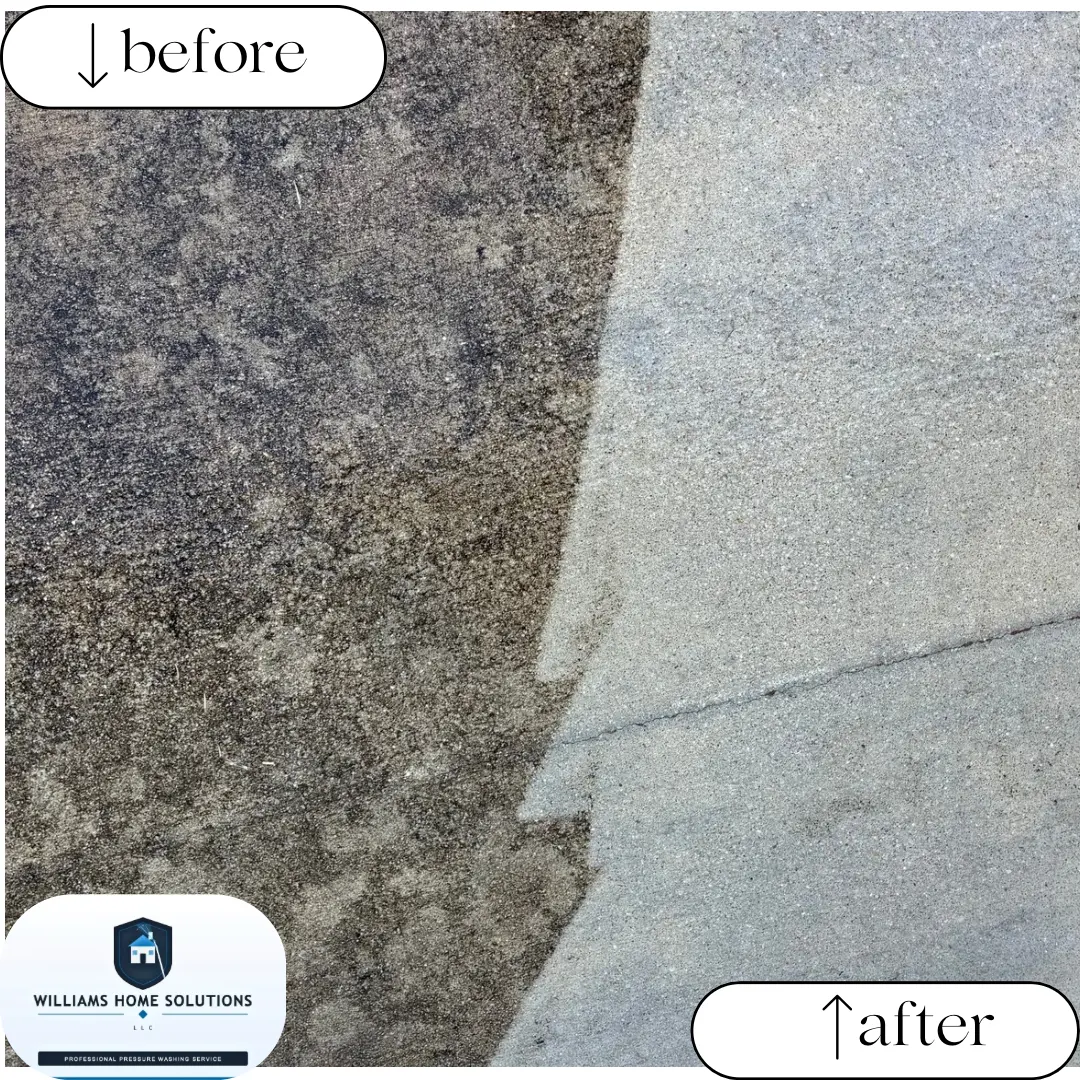 Before and after pressure washing dirty concrete showing dramatic algae and grime removal