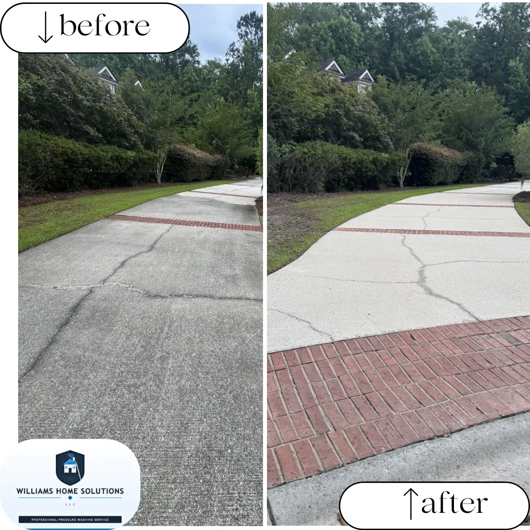 Before and after pressure washing a concrete driveway with brick border in the Aiken, SC area